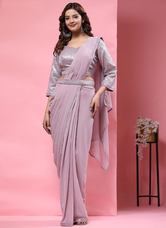 Pure Georgette Lavender Party Wear Sequins Work Ready To Wear Saree